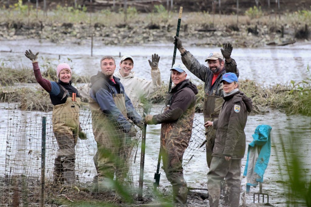 Smiling volunteers at a coastal restoration project