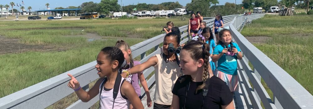 Children walking on a boardwalk over a marsh